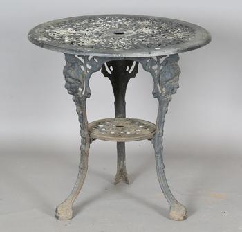 A Victorian cast iron pub table base with a later alloy top, height