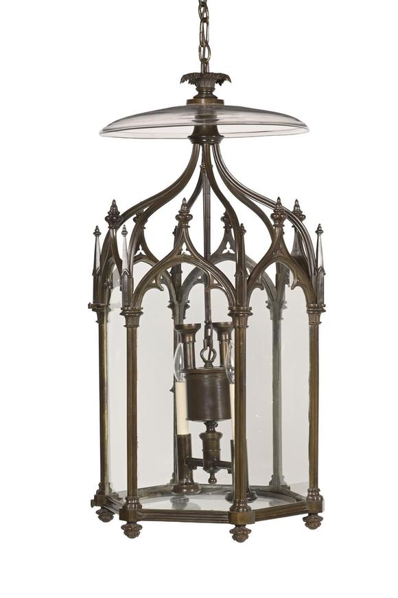 DreweattsA LARGE BRONZE GOTHIC HEXAGONAL HALL LANTERN, EARLY 19TH CENTURY