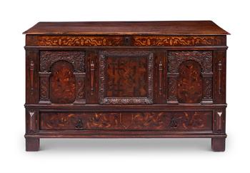 A CARVED OAK, FRUITWOOD AND MARQUETRY CHEST OR CASSONE, 17TH CENTURY