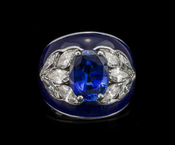 Bague modulable or gris 750 sertie d'un saphir ovale épaulé de diamants taille marquise avec sa monture complémentaire
