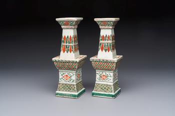 A pair of Chinese famille verte square candle holders, 19th C.