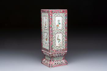 A fine Chinese famille rose reticulated square lantern with a stand, 19th C.