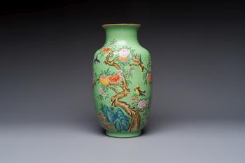A Chinese famille rose sgraffiato lime-green-ground 'Birds among Flowering Branches' vase, Qianlong mark, 19th C.