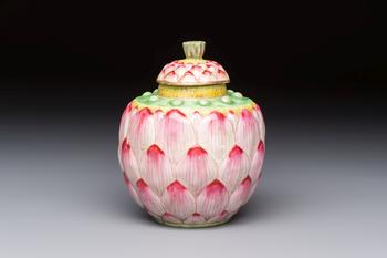 A Chinese famille rose 'Lotus Bud' tea caddy and cover, Qianlong mark, 19th C.