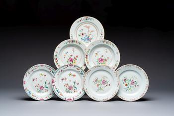Seven Chinese famille rose plates with floral design, Qianlong