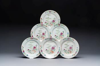 Six Chinese famille rose 'Flower Garden' plates, Qianlong