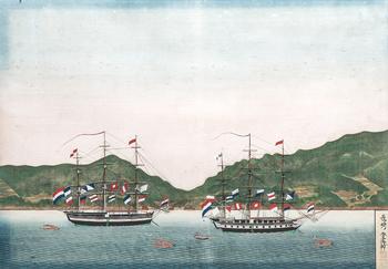 Kawahara Keiga 川原慶賀 (Japan, 1786-1860): 'Two Dutch Vessels Anchored off Nagasaki Bay', gouache on silk, seal mark, 19th C.