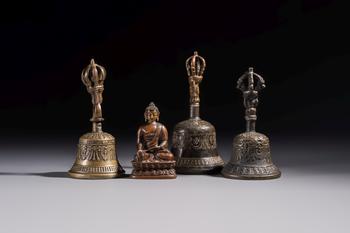 Three Tibetan bronze ritual bells and a bronze Buddha, 19th C.