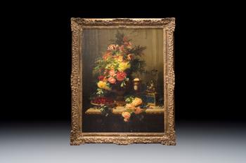 Jean-Baptiste Robie (1821-1910): 'Still Life with Roses and Wild Strawberries', oil on canvas, signed and dated 1863