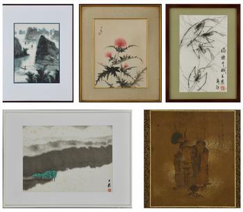 王農(nóng)（1926-2013） 墨蝦圖、碧濤圖、潘國光（1942-） 桂林山水等繪畫五件