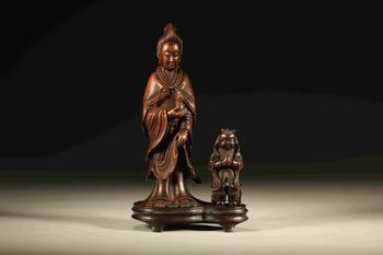 清 黃花梨雕送子觀音擺件