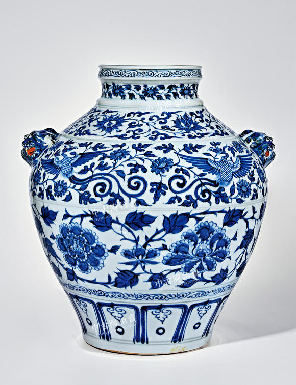 中古陶元 青花纏枝牡丹鳳穿花卉紋獸耳罐