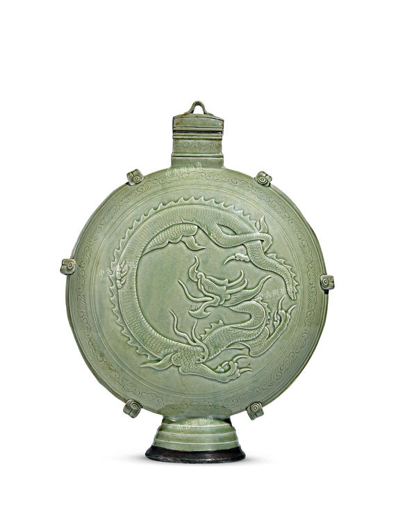 中古陶明 青釉剔刻龍紋六系穿帶扁壺
