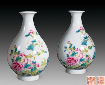 清道光 粉彩牡丹花紋玉壺春瓶一對(duì)