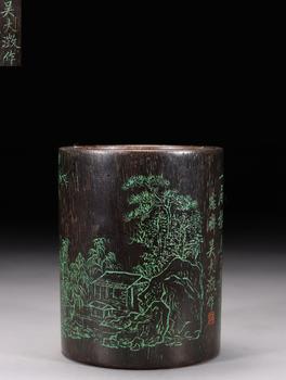 吳大溦作款沉香刻風(fēng)景詩文筆筒