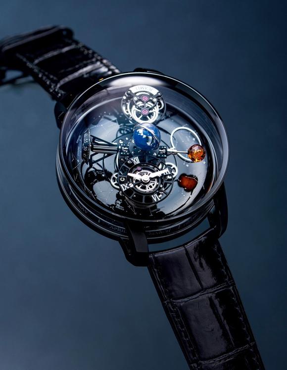 jacobco非凡精致限量版黑色白金镂空飞行陀飞轮机械腕表备星空图及