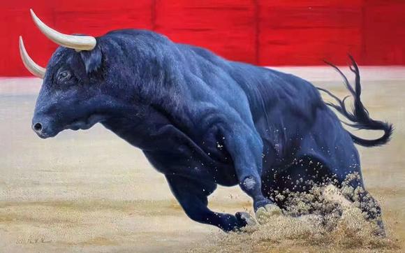 bullfight oil painting, signed jin yingzhe_bullf