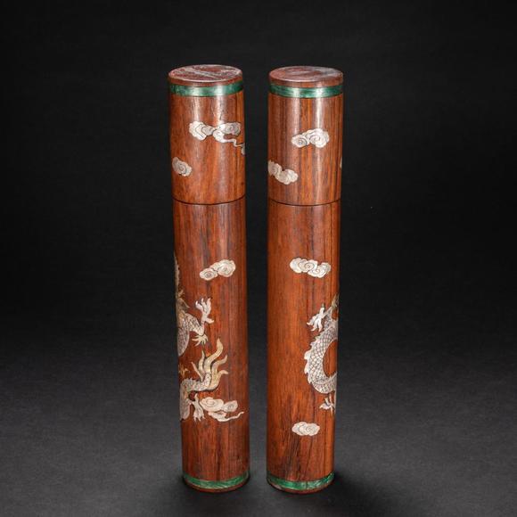 清代黄花梨木嵌螺钿香筒一对