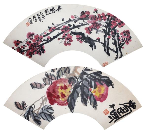 吴昌硕红梅双寿扇面二帧
