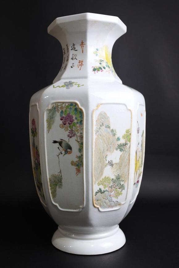 清末浅降彩名家俞子明浅降彩山水人物花鸟纹八方瓶