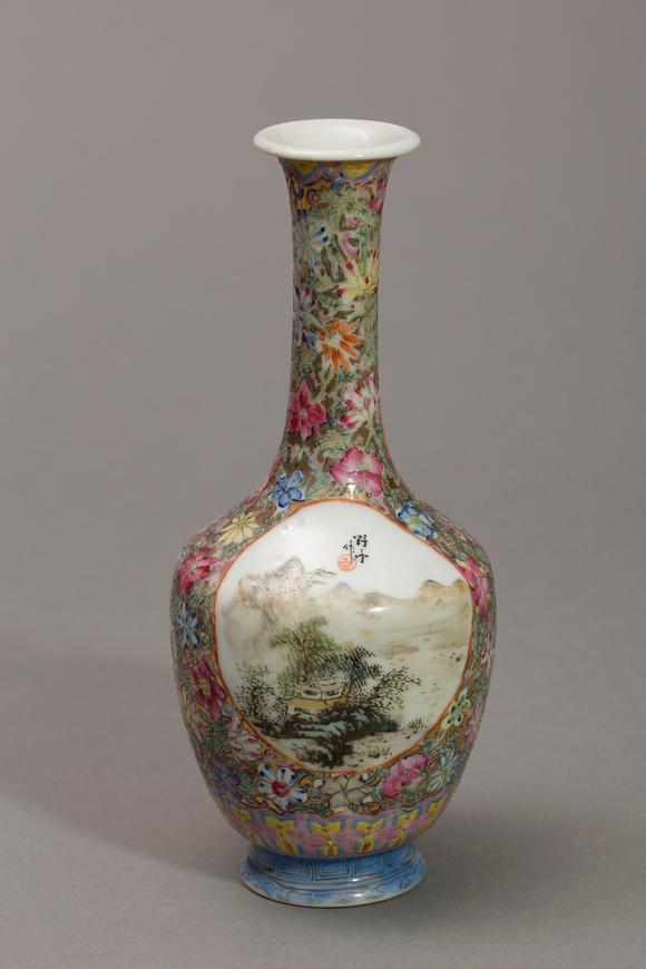 民国汪野亭粉彩百花不落地开窗山水瓶