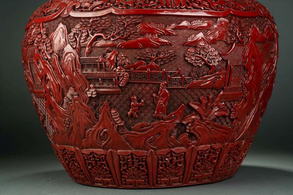 清代剔红漆器人物山水罐