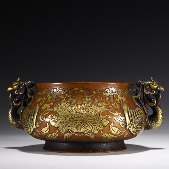 清铜鎏金凤耳香炉