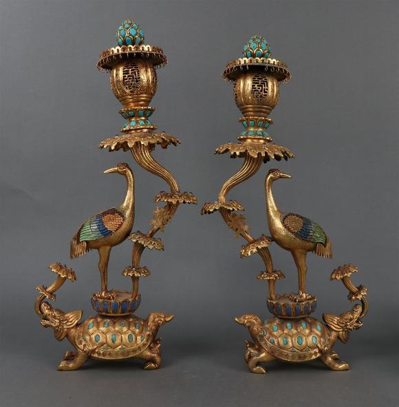 清铜鎏金龟鹤延年灯