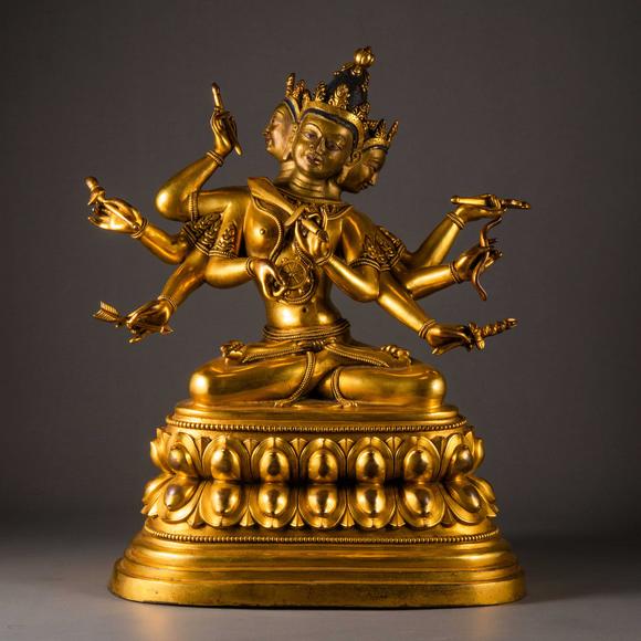 中国清代铜鎏金六臂观音佛造像