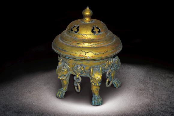 铜鎏金五兽足熏炉
