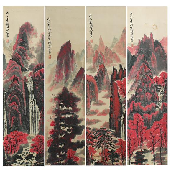 李可染 万山红遍四条屏