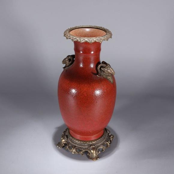 清代 镶铜红橘皮釉大瓶