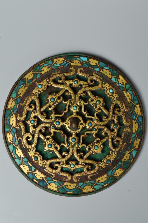 chinesebronzegoldpaintedmirrorinlaidwithturquoise