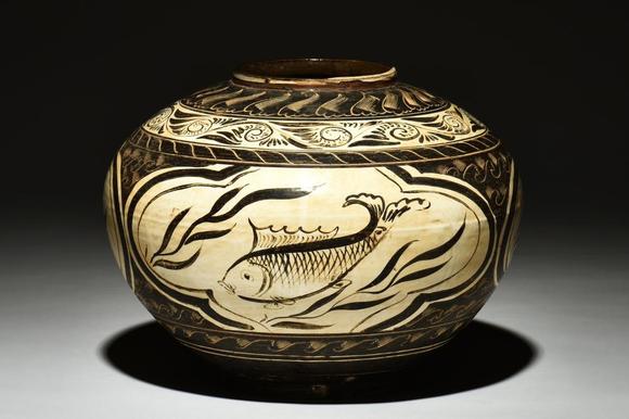 宋 磁州窑褐彩开光鱼纹罐 cizhou ware fish jar