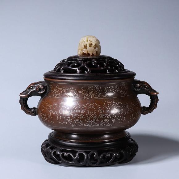 jade-inlaid copper incense burner 紫檀嵌玉嵌银丝铜香炉