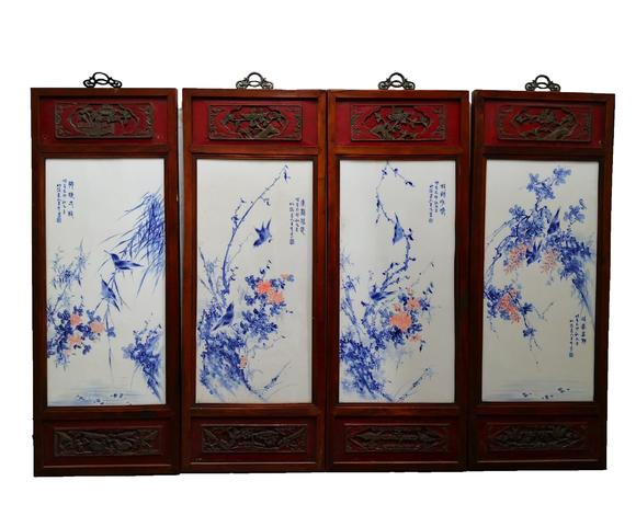 珠山八友王布款青花加紫花鸟纹瓷板画四条屏4chineseflowerbirdblue