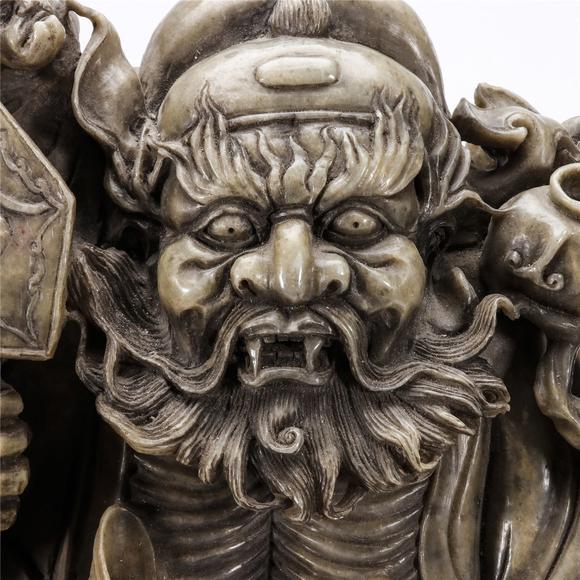 statue with a paire of carp flower vases 八十年代青田石雕钟馗像