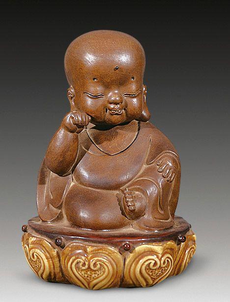 清紫砂瓷釉童子佛