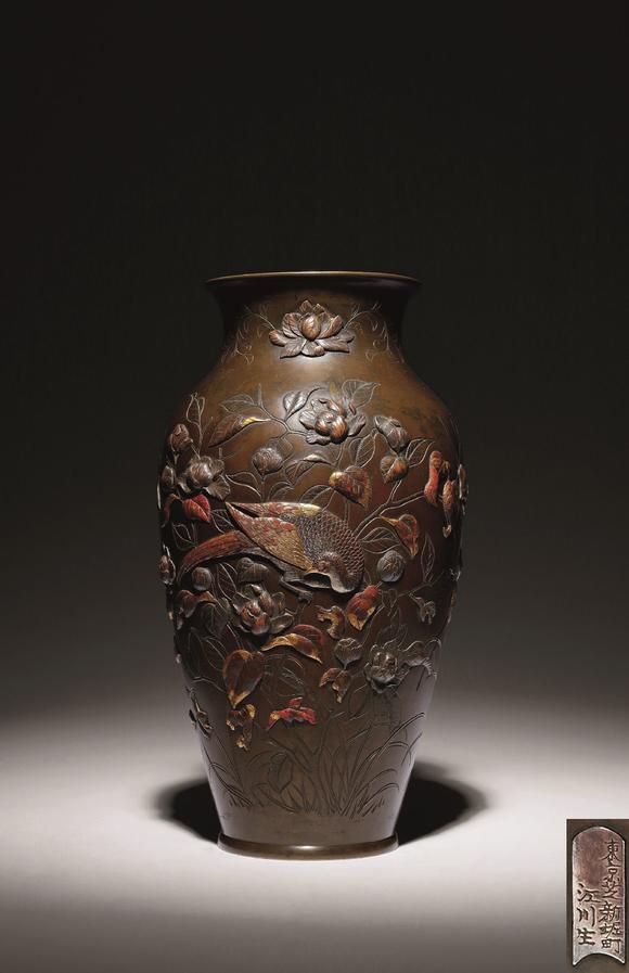 日本美协明治时期 铜错金银百花稚鸟花瓶