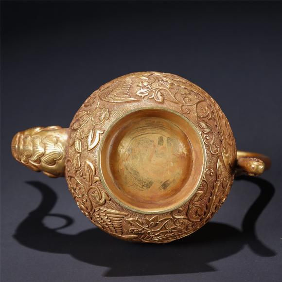 铜鎏金缠枝花卉龙凤纹葫芦形壶一对