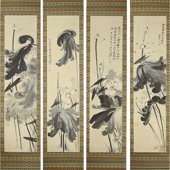 张大千荷花四条屏