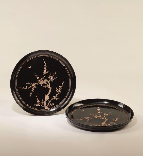 日本美协明 黑漆嵌螺钿梅花圆盘
