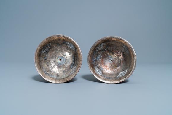 a pair of tibetan silvered copper alloy altar bowls, 19/20th c.