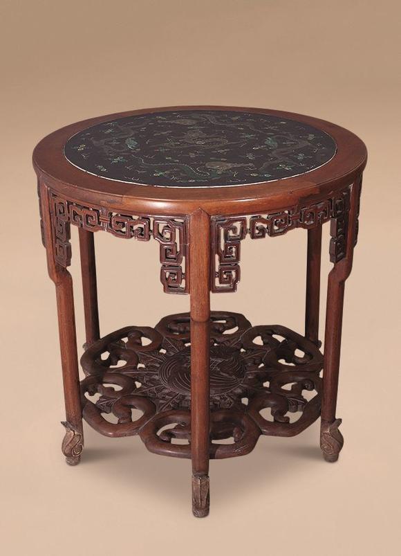 清 黄花梨嵌龙纹瓷板六角圆桌