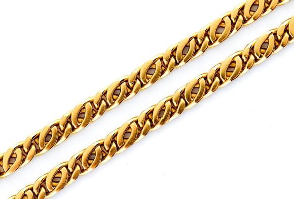 a gold flat curb long chain, 120cm l, marked 750, 137.