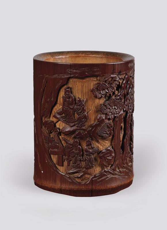 日本汉和清早期 竹雕竹林七贤笔筒