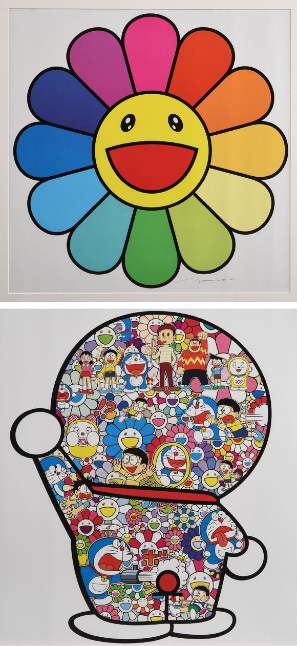 村上隆 太阳花 哆啦a梦在花田中 丝网版画 二幅