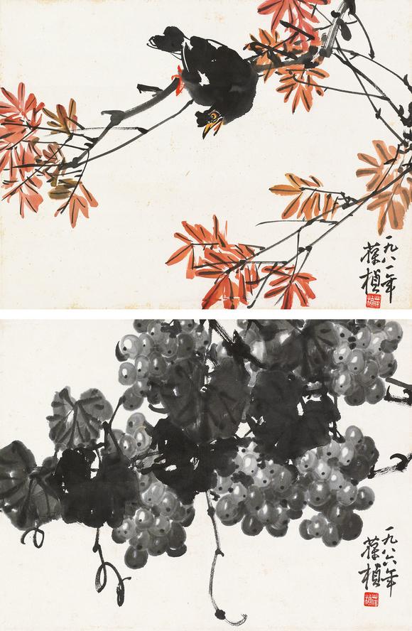 苏葆桢(1916-1990) 花鸟葡萄双挖高清大图_易拍全球广东崇正书画杂