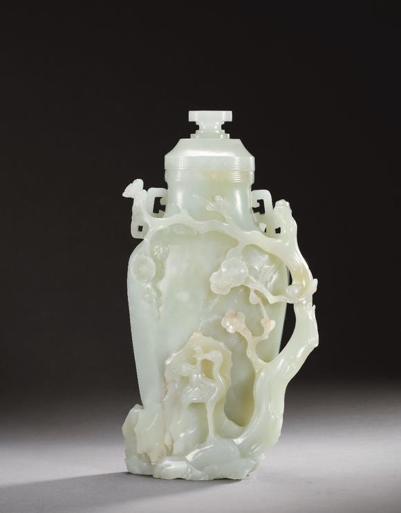 清中期 白玉梅鹤同寿纹赏瓶