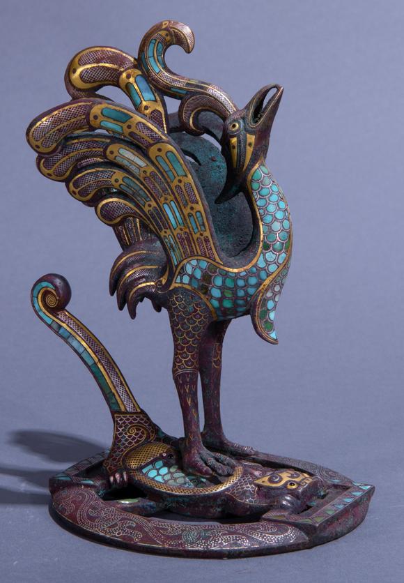 bronze phoenix figure inlaid with gold 中国古代青铜错金凤凰